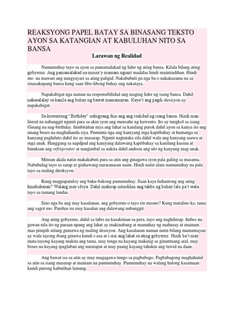 Reaksyong Papel Batay Sa Binasang Teksto Ayon Sa Katangian .